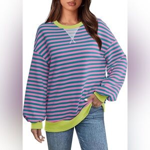 Amazon Oversized Striped Pink and Blue Sweater with Neon Green Accents